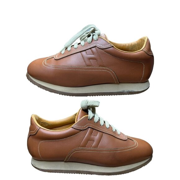 Hermes Women SZ EU 40.5 EE UU 9 Quick Sneakers Low Cut Shoes Leather Orange Logo - Picture 1 of 16